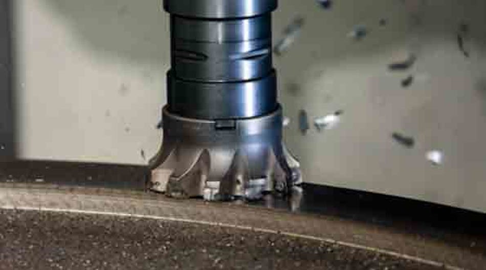 Ingersoll&rsquo;s Hi QuadF face mill works like a router to make more chips faster. The tool rotates at 785 SFM as it feeds outward at 0.561 IPR on the C axis. Free-cutting tool geometry with a 12&deg; lead angle minimizes lateral cutting forces for stable machining all the way out to the circumference of the flange.