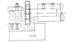 Figures 1 and 2. Show the alternative efforts to hold the workpiece vertically in a vice (Figure 1), and vertically in a vice and clamp with a bolt and nut (Figure 2), but both efforts resulted in the same poor quality finish.