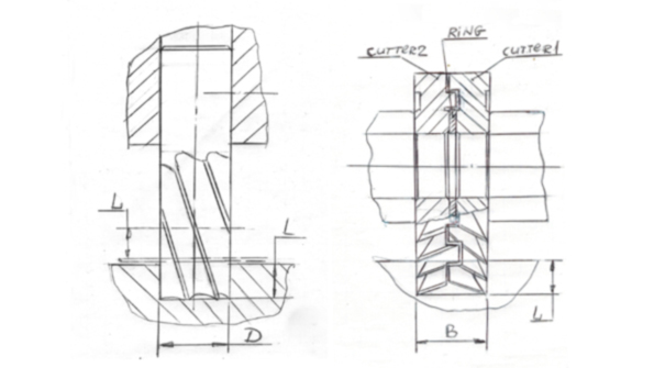 At left Figure 1 shows the cutting tool in relation to the part At right Figure 2 shows the setup involving a regulation ring between the milling cutters