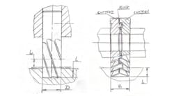 At left, Figure 1 shows the cutting tool in relation to the part. At right, Figure 2 shows the setup involving a regulation ring between the milling cutters.