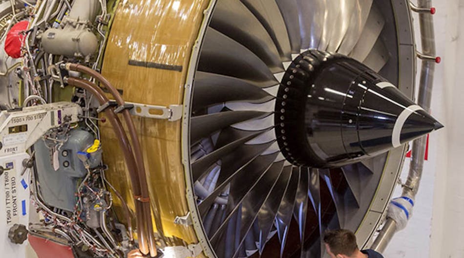 A Trent 700 high-bypass turbofan engine in production.