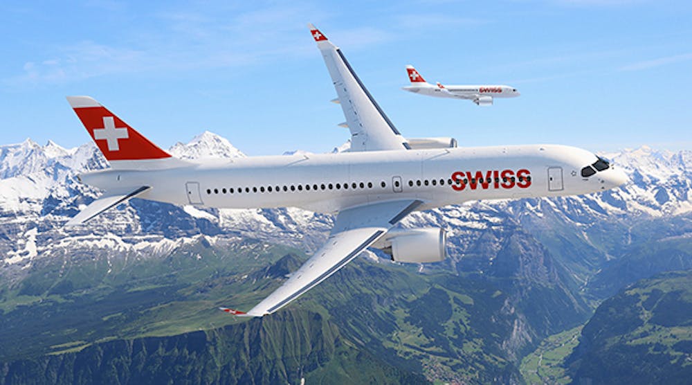 The Bombardier CS300 aircraft, shown in Swiss International Air Lines livery. The airline has ordered 30 of the CS Series narrow-body jets.