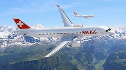The Bombardier CS300 aircraft, shown in Swiss International Air Lines livery. The airline has ordered 30 of the CS Series narrow-body jets.