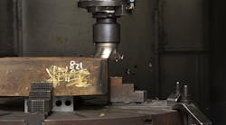 A 4-in. Ingersoll Hi-QuadXXX facemill takes off more than 0.300 in. per pass to fully penetrate the heavy oxide crust in a 4140 steel forging. As a result, the tool edges last through a complete roughing sequence for a part, involving 6-8 passes. A previously selected tool needed indexing before completing even one pass. A 4-in. Ingersoll Hi-QuadXXX facemill takes off more than 0.300 in. per pass to fully penetrate the heavy oxide crust in a 4140 steel forging. As a result, the tool edges last through a complete roughing sequence for a part, involving 6-8 passes. A previously selected tool needed indexing before completing even one pass.