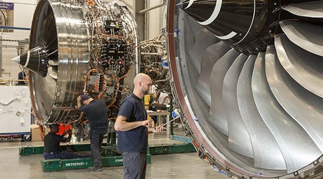 Rolls-Royce Trent 7000 engine at the Derby, England, manufacturing center, prior to delivery to Airbus in Toulouse, France.