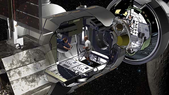 A conceptual view of the prototype space habitat Lockheed Martin will build depicted as it is docked with Orion in orbit between the Earth and the moon