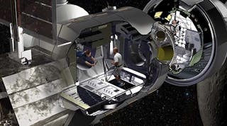 A conceptual view of the prototype space habitat Lockheed Martin will build, depicted as it is docked with Orion in orbit between the Earth and the moon.