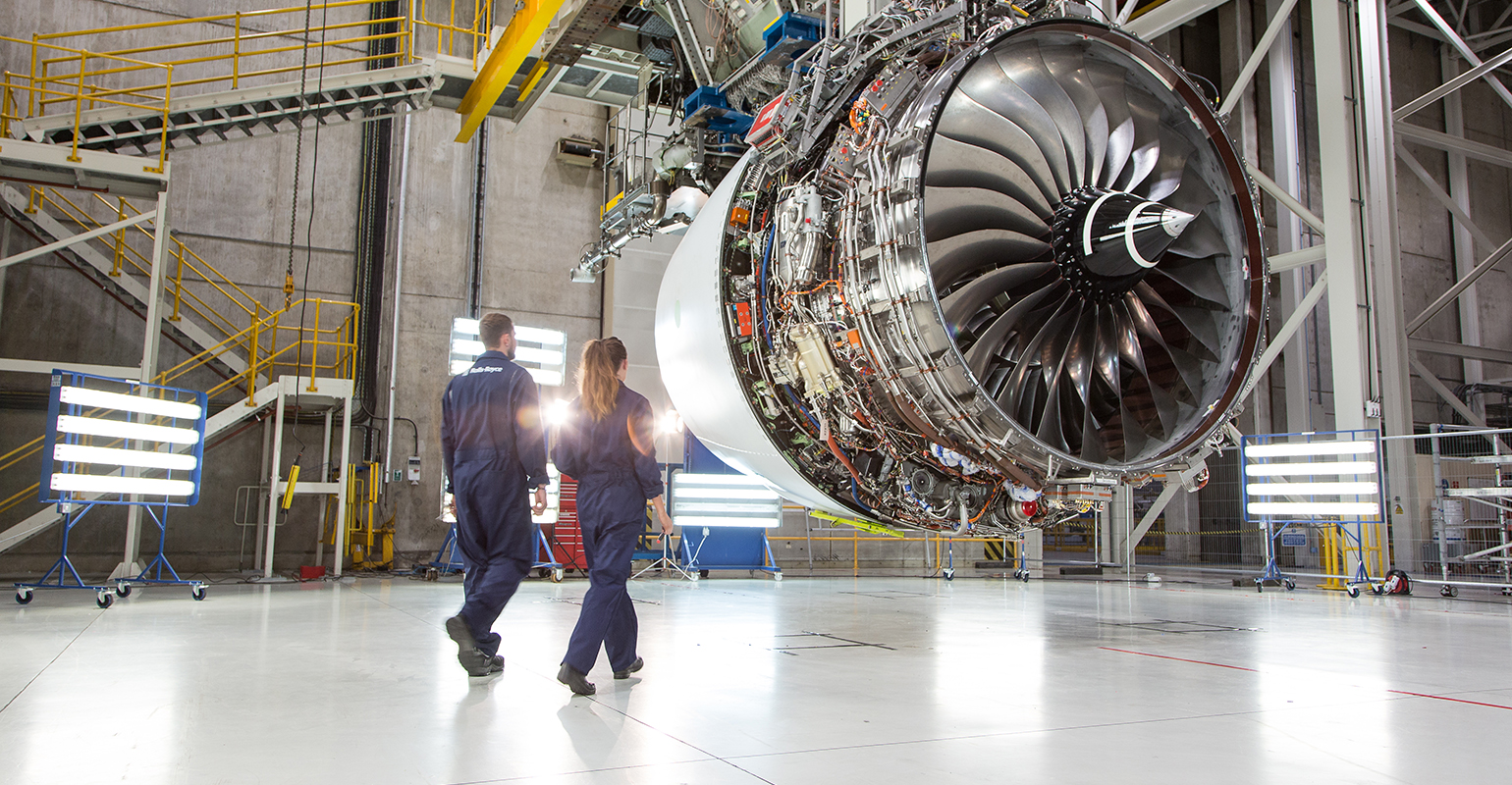olls-Royce Trent XWB-97 on a test stand at Derby, England.