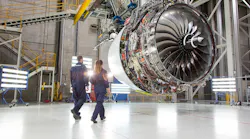 olls-Royce Trent XWB-97 on a test stand at Derby, England.