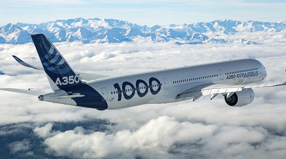 The A350 series are the first Airbus aircraft designed with both fuselage and wing structures formed mainly in CFRP materials. The A350-100 will seat 366 passengers for routes exceeding 8,000 nautical miles (14,800 km).