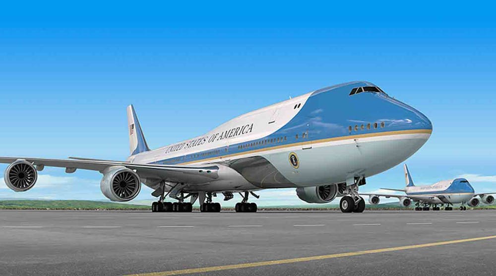 An artist&rsquo;s rendering of the Boeing 747 commercial aircraft, styled as Air Force One.