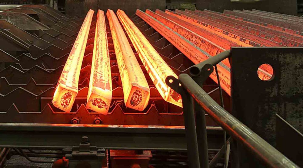 Raw steel is the product of basic oxygen furnaces and electric arc furnaces, and cast into semi-finished products, such as billets (seen here), blooms, and slabs. After rolling the billets to final dimensions, steel billets are used to form a range of commodity-grade and specialty bar, rod, and wire products.