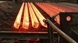Raw steel is the product of basic oxygen furnaces and electric arc furnaces, and cast into semi-finished products, such as billets (seen here), blooms, and slabs. After rolling the billets to final dimensions, steel billets are used to form a range of commodity-grade and specialty bar, rod, and wire products.
