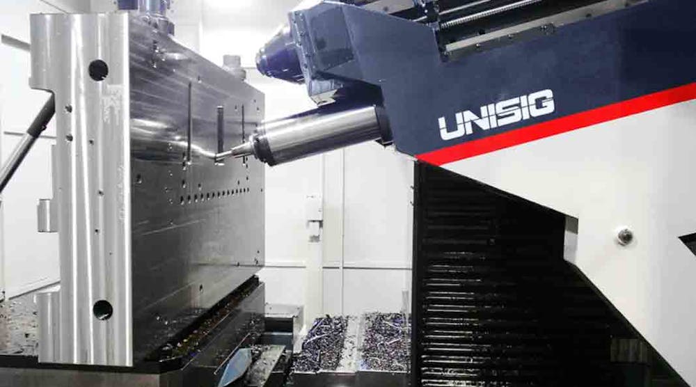 UNISIG USC-M Series machines combine deep-hole drilling and milling capabilities that allow mold shops to reduce setup time, increase accuracy, and eliminate mold design restrictions of traditional machining centers. The machines use two independent spindles: one for gundrilling and BTA drilling, plus CAT 50 machining spindle. Combined with a rotary workpiece table and programmable headstock inclination, accurate deep-hole drilling and standard high-performance machining capabilities are available.