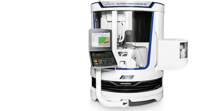 The Walter Helitronic Power 400 grinding machine is one of two machines United Grinding introduced at GrindTec 2018 in March. It offers 35% more workpiece space with the ability to grind tools up to 380 mm (14.96 in.) long. It also has a machine bed with enhanced rigidity, and a new worm drive for the C axis, optional torque motor, and pneumatically driven steadyrests and tailstocks.