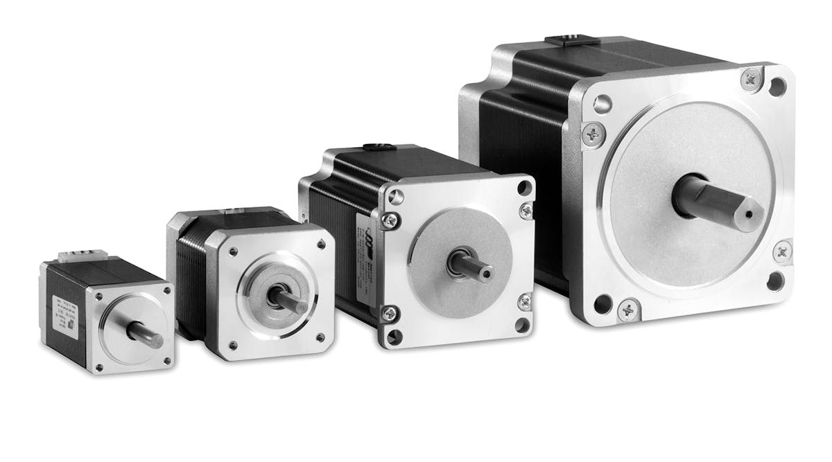 Several different styles of stepper motors in different NEMA sizes.