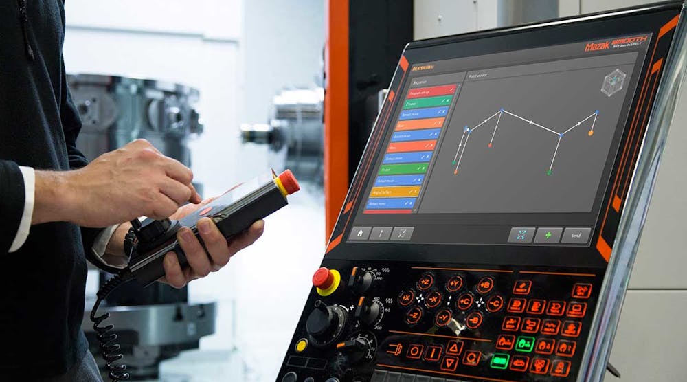 The Renishaw Set-and-Inspect app (shown with a Mazak Smooth Maintenance interface) supports probe calibration, part setting, tool setting, and component inspection. The expanding availability of touch-screen controls creates opportunities for more convenient and frequent performance evaluation.