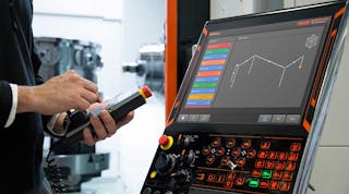 The Renishaw Set-and-Inspect app (shown with a Mazak Smooth Maintenance interface) supports probe calibration, part setting, tool setting, and component inspection. The expanding availability of touch-screen controls creates opportunities for more convenient and frequent performance evaluation.