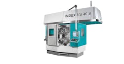 Last month INDEX introduced its MS40-8 multispindle automatic lathe to North American machine shops. With eight CNC spindles, two back-working spindles for rear-end machining, and up to 18 CNC slides (X and Z) and additional Y axes if required, it is recommended for high-volume precision work in automotive, fastener, connector, and aerospace industries. The increased number of main spindles and tool carriers means the MS40C-8 is able to machine very complex parts completely in one operation.