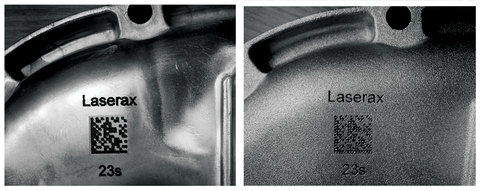 Laserax / DMC imprinted on a casting surface, before and after shotblasting