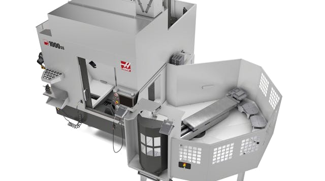 Introduced at IMTS 2018, the UMC-1000SS is the latest Haas Automation five-axis universal machining centers. It features 40x25x25-in. (1016x635x635-mm) travels, 1200 ipm (30.5 m/min) rapids, and an integrated dual-axis trunnion with a 25 in. (635-mm) platter. It is shown with an optional eight-station pallet pool for high-volume production, high-mix/low-volume machining, and unattended operation.