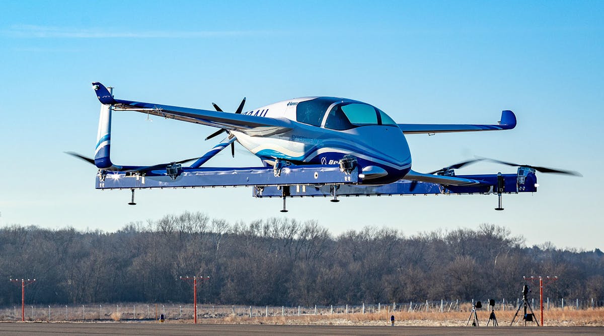 The Boeing NeXt Passenger Air Vehicle has integrated propulsion and wing systems, to achieve fully autonomous hover and forward flight, with a range of up to 50 miles.