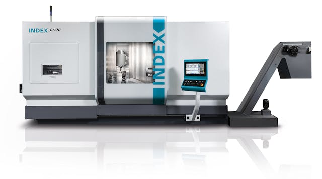 Index Corp. launch the G420 turn-mill center, with identical 3,500 rpm twin spindles with 315-mm (400 mm optional) chucks and a 5-axis milling spindle that provides up to 12,000 rpm, with an HSK-T63 interface or 18,000 rpm with a Capto C6 interface. Its high inherent stability and dynamic response make it well-suited for working with difficult-to-machine materials, as in manufacturing large, complex aerospace parts in a single setup.