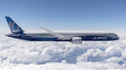 The 787-10 (one of three versions of the long-range aircraft) seats 330 passengers in a two-class cabin configuration, and has a range of 6,430 nautical miles (or 7,400 miles / 11,910 km.)