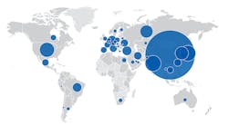 April 2019 global raw-steel output for 64 countries, with circles sized proportionally to the individual nations&rsquo; respective output.