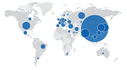 May 2019 global raw-steel output for 64 countries, with circles sized proportionally to the individual nations&rsquo; respective output.