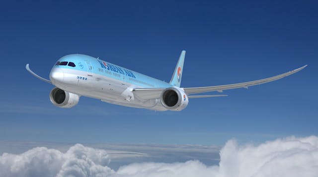 Korean Air has 10 787-9 jets in service and will add 10 more, plus a total of 20 787-10 aircraft via purchase and leasing, in the course of a fleet expansion program.