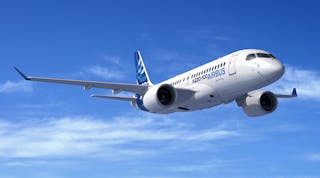 The Airbus A220-100 is a twin-engine, narrow-body aircraft for 108 to 133 passengers, one of two models produced by the CSeries Aircraft Limited Partnership (CSALP), of which Airbus is the majority (50.01%) stakeholder.