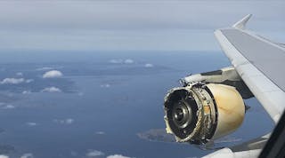 One of four GP7000 engines aboard an Airbus A380 jet following a mid-air explosion in 2017.