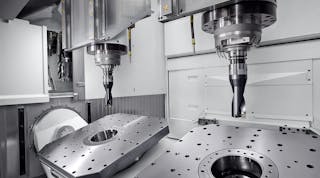 With a spindle distance of 800 millimeters and spindle speeds up to 20,000 rpm, the DZ 25 P five-axis VMC is designed for dual-spindle machining of large aluminum structural components, with a work area up to 799 mm diameter per position.