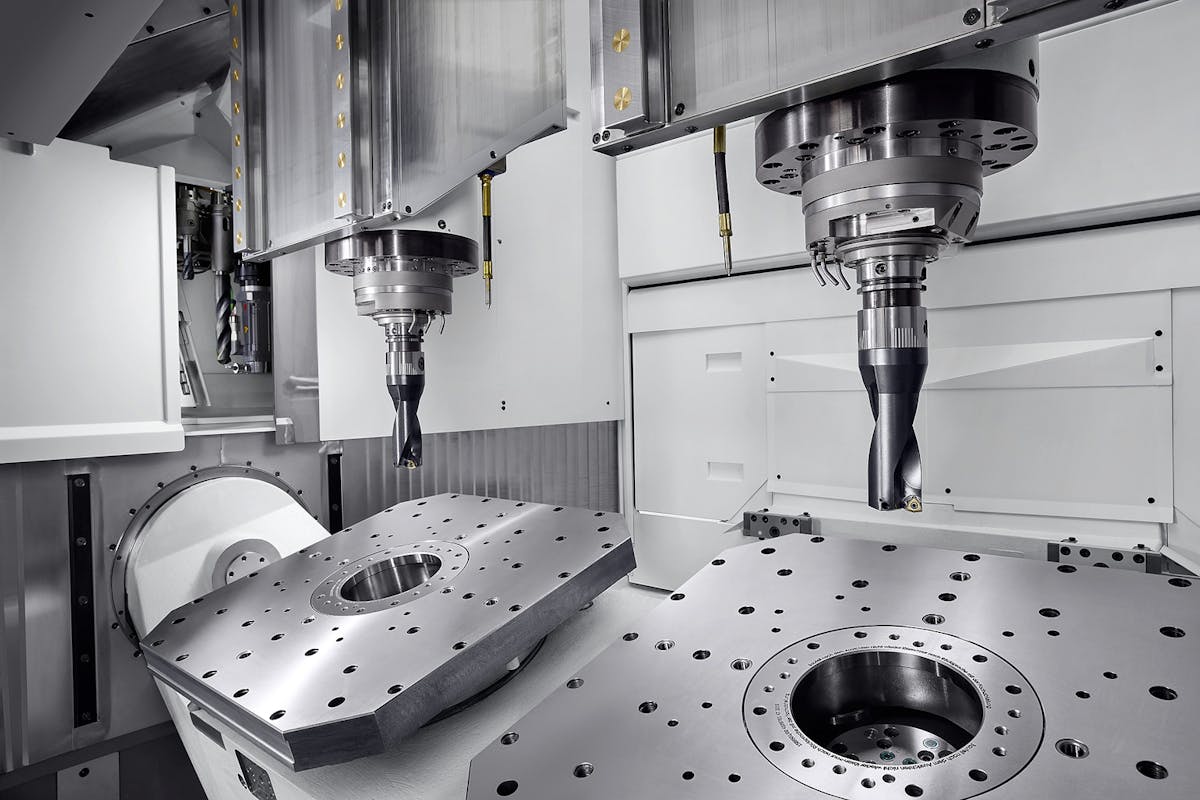 With a spindle distance of 800 millimeters and spindle speeds up to 20,000 rpm, the DZ 25 P five-axis VMC is designed for dual-spindle machining of large aluminum structural components, with a work area up to 799 mm diameter per position.