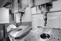 With a spindle distance of 800 millimeters and spindle speeds up to 20,000 rpm, the DZ 25 P five-axis VMC is designed for dual-spindle machining of large aluminum structural components, with a work area up to 799 mm diameter per position. With a spindle distance of 800 millimeters and spindle speeds up to 20,000 rpm, the DZ 25 P five-axis VMC is designed for dual-spindle machining of large aluminum structural components, with a work area up to 799 mm diameter per position.