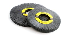 Nylon wheel brushes have flexible abrasive filaments bonded to a fiber reinforced thermoplastic base. The abrasive filaments work like flexible files, conforming to part contours, wiping and filing across part edges and surfaces to deliver maximum burr-removal rates. Nylon wheel brushes have flexible abrasive filaments bonded to a fiber reinforced thermoplastic base. The abrasive filaments work like flexible files, conforming to part contours, wiping and filing across part edges and surfaces to deliver maximum burr-removal rates.