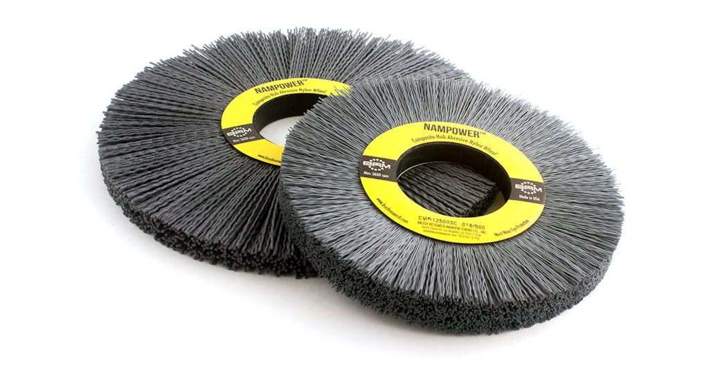 Nylon wheel brushes have flexible abrasive filaments bonded to a fiber reinforced thermoplastic base. The abrasive filaments work like flexible files, conforming to part contours, wiping and filing across part edges and surfaces to deliver maximum burr-removal rates.