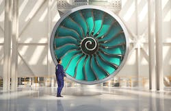 An illustration of the UltraFan geared turbofan engine, with the world's largest fan blades. An illustration of the UltraFan geared turbofan engine, with the world's largest fan blades.