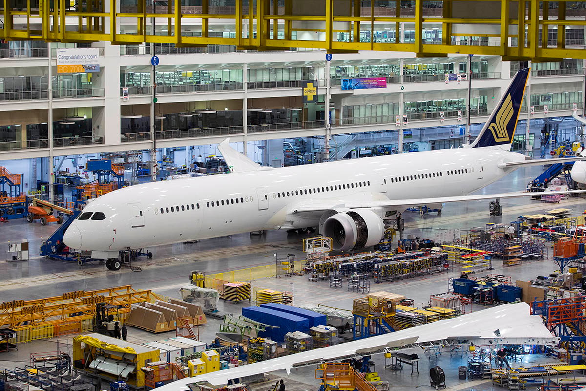 The first 787-10 Dreamliner built for Singapore Airlines, in North Charleston, S.C. The plane is seen here in the factory.