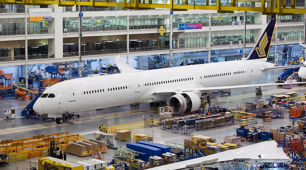 The first 787-10 Dreamliner built for Singapore Airlines, in North Charleston, S.C. The plane is seen here in the factory.