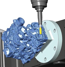 Mastercam 2021&apos;s new 3+2 Automatic Roughing toolpath automatically makes multiplane, three-axis roughing toolpaths by evaluating the model and stock, creating a cut, calculating what remains, and repeating the process until roughing is complete.