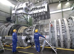 A Siemens SGT5-8000H gas turbine during final assembly. Siemens Energy produces gas turbines with capacities up to 400 MW; steam turbines up to 1,900 MW, and generators up to 2,235 MVA. A Siemens SGT5-8000H gas turbine during final assembly. Siemens Energy produces gas turbines with capacities up to 400 MW; steam turbines up to 1,900 MW, and generators up to 2,235 MVA.
