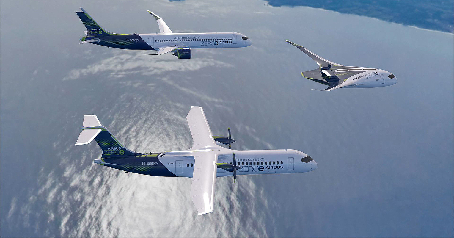 In September 2020 Airbus unveiled the three zero-emission concept aircraft known as ZEROe. These concepts include turbofan, turboprop, and blended-wing body configurations that are powered by hydrogen propulsion. All ZEROe concepts are hydrogen-hybrid aircraft.