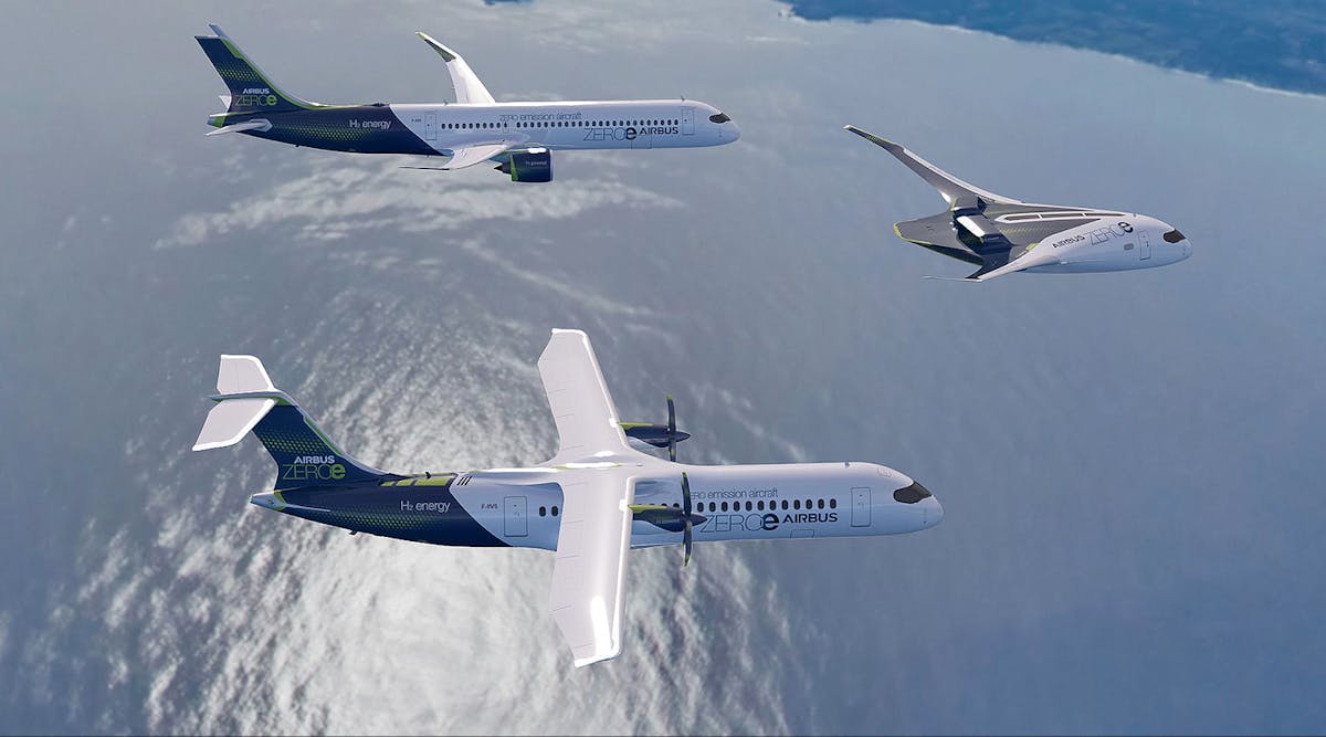 In September 2020 Airbus unveiled the three zero-emission concept aircraft known as ZEROe. These concepts include turbofan, turboprop, and blended-wing body configurations that are powered by hydrogen propulsion. All ZEROe concepts are hydrogen-hybrid aircraft.