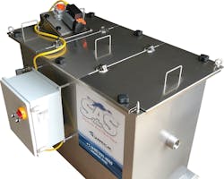 If tramp oils are emulsified or entrained in the coolant water, the Separate and Skim (SAS) oil/water-separation system accomplishes both steps effectively. If tramp oils are emulsified or entrained in the coolant water, the Separate and Skim (SAS) oil/water-separation system accomplishes both steps effectively.