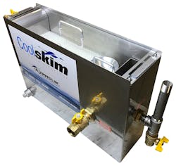 When space or access may prevent installation of an oil skimmer on or next to the coolant sump, the CoolSkim™ makes it possible to transfer contaminated coolant to a specially designed separator, where oil is separated and clean coolant is returned to the original sump/tank. When space or access may prevent installation of an oil skimmer on or next to the coolant sump, the CoolSkim™ makes it possible to transfer contaminated coolant to a specially designed separator, where oil is separated and clean coolant is returned to the original sump/tank.