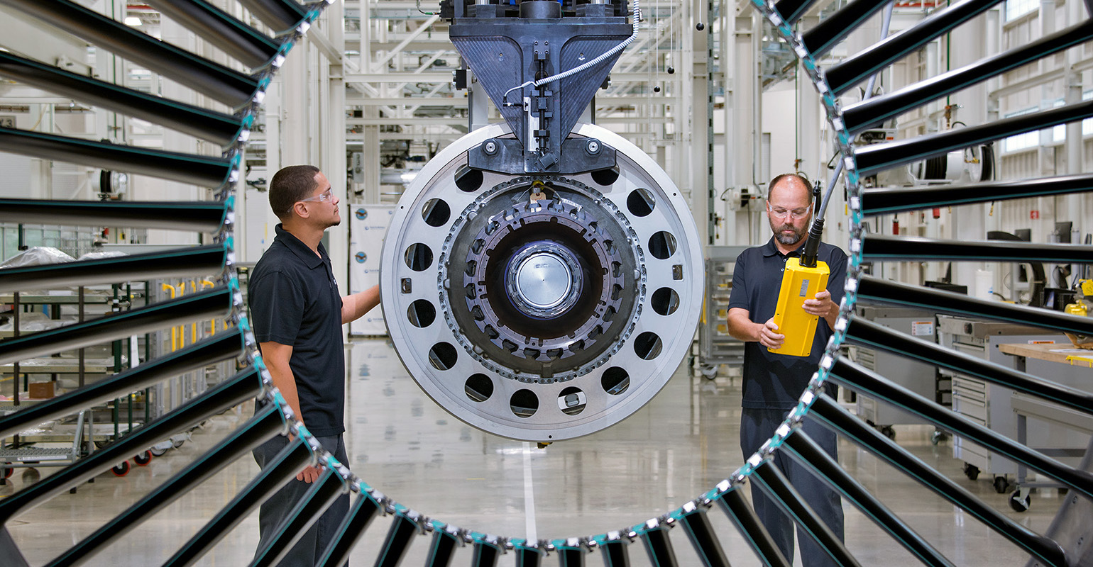 The Pratt & Whitney Geared Turbofan&trade; PW1100G-JM engine at the West Palm Beach Engine Center in Florida.