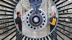 The Pratt &amp; Whitney Geared Turbofan&trade; PW1100G-JM engine at the West Palm Beach Engine Center in Florida.