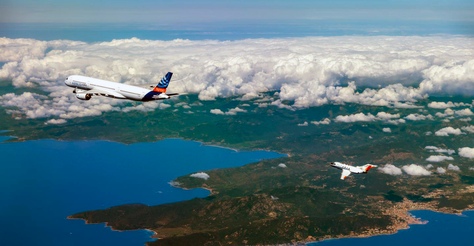 The ECLIF3 study of inflight emissions using SAF, with Airbus A350 jet and a DLR Falcon chaser aircraft.